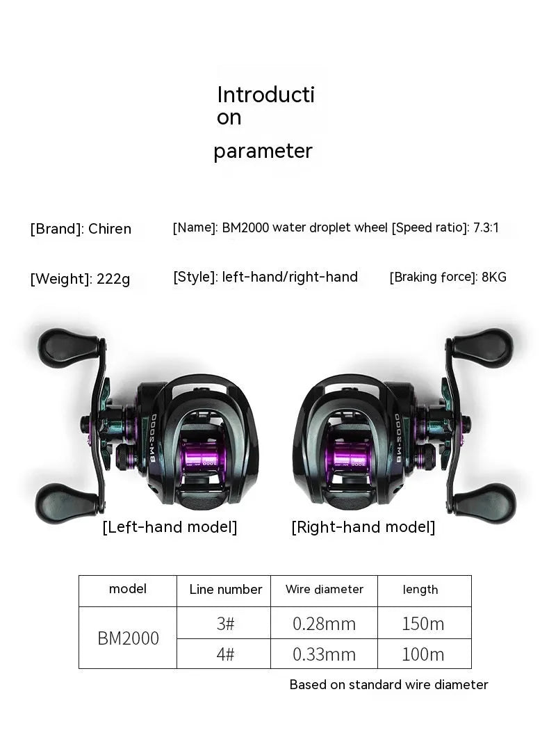 BM2000 fishing reel with magnetic brake system and water drop shaped spool