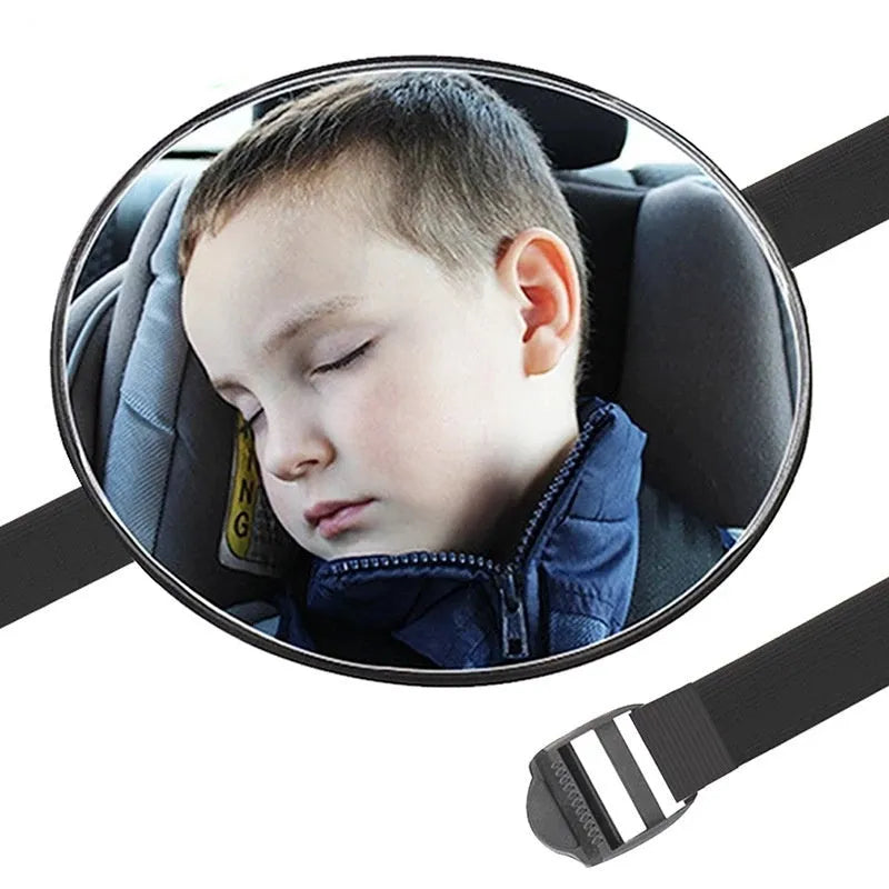 Black ABS car baby rearview mirror with 17cm diameter and adjustable ribbon straps for child observation