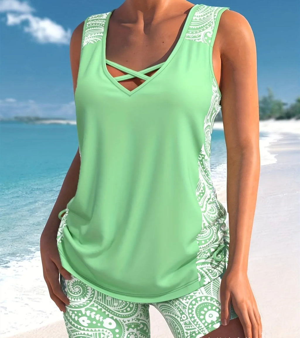 Women's printed split boxer swimsuit set with matching top and shorts in multiple colour options