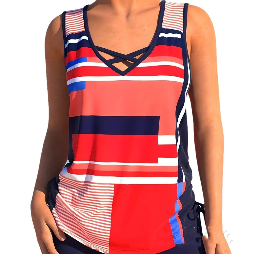 Women's printed split boxer swimsuit set with matching top and shorts in multiple colour options