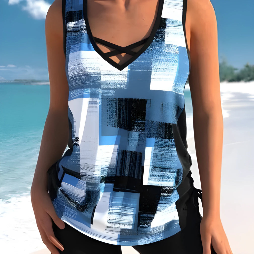 Women's printed split boxer swimsuit set with matching top and shorts in multiple colour options