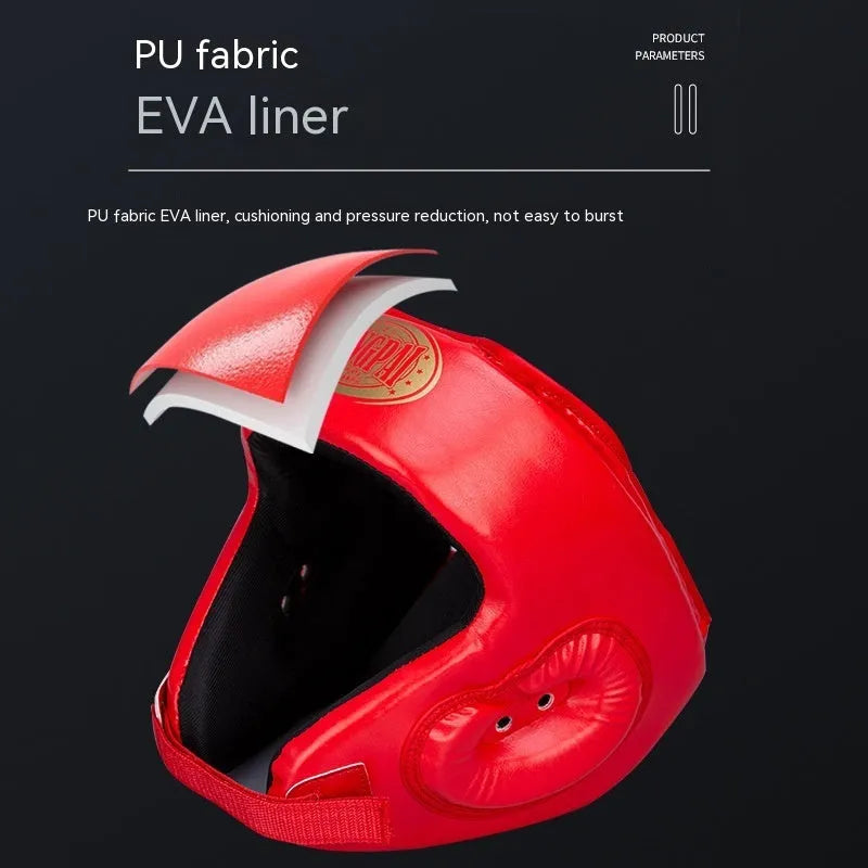 Red fully enclosed boxing helmet with jaw protection and vertical ventilation channels
