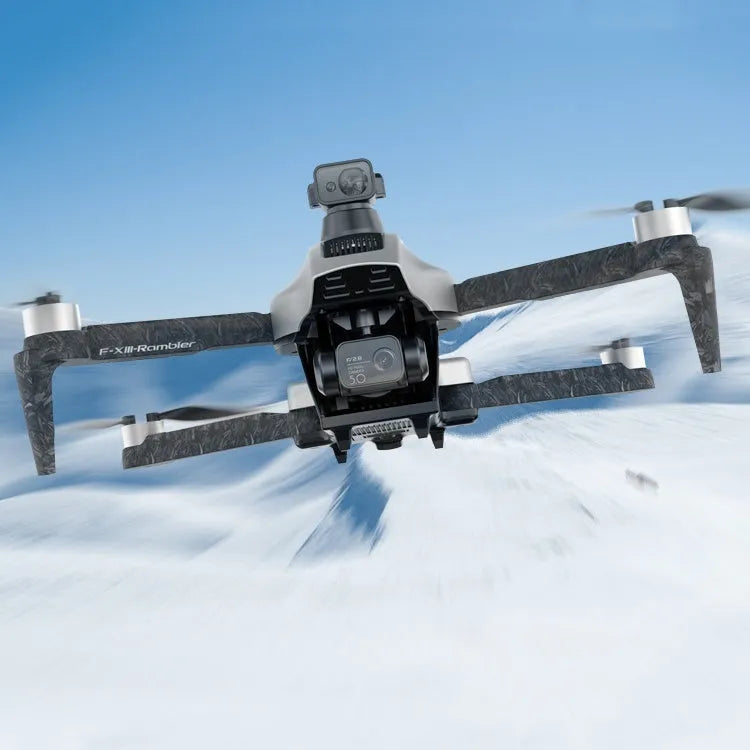 White folding quadcopter drone with brushless motors, obstacle avoidance sensors, and 4K camera shown with remote control and shoulder bag