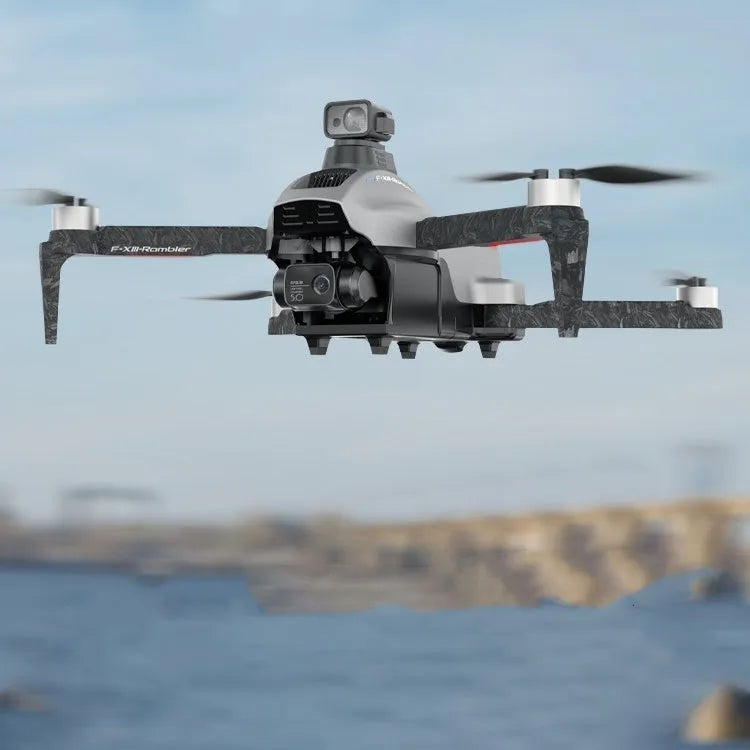 White folding quadcopter drone with brushless motors, obstacle avoidance sensors, and 4K camera shown with remote control and shoulder bag