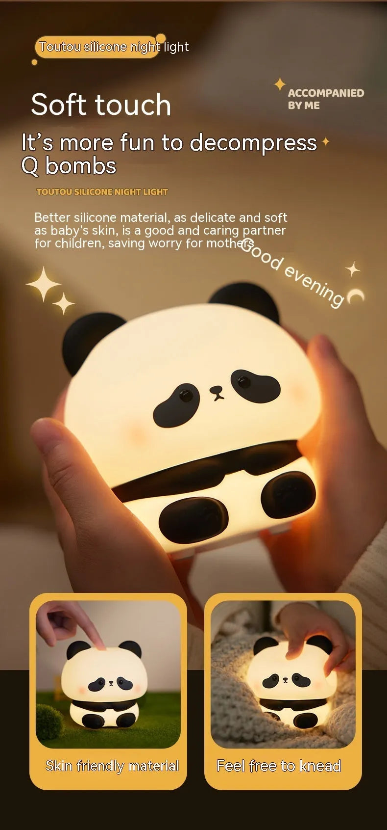 Panda LED night light made from soft silicone with USB rechargeable touch control, 2W, 1200mAh battery.