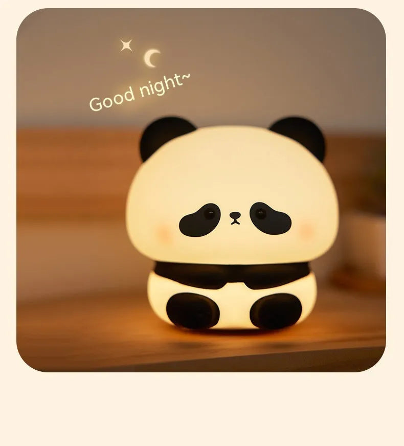 Panda LED night light made from soft silicone with USB rechargeable touch control, 2W, 1200mAh battery.