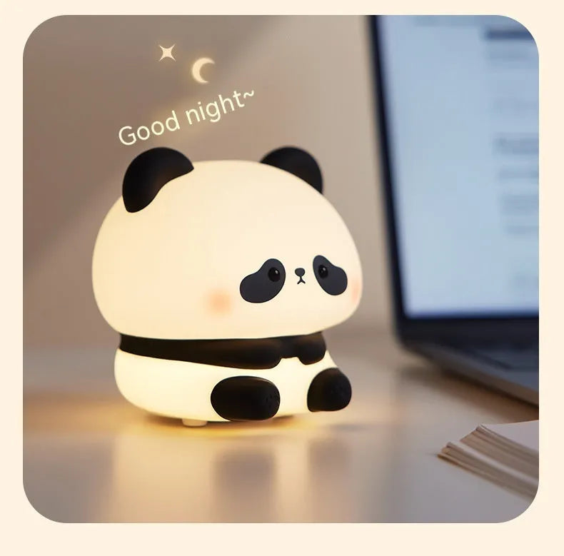 Panda LED night light made from soft silicone with USB rechargeable touch control, 2W, 1200mAh battery.