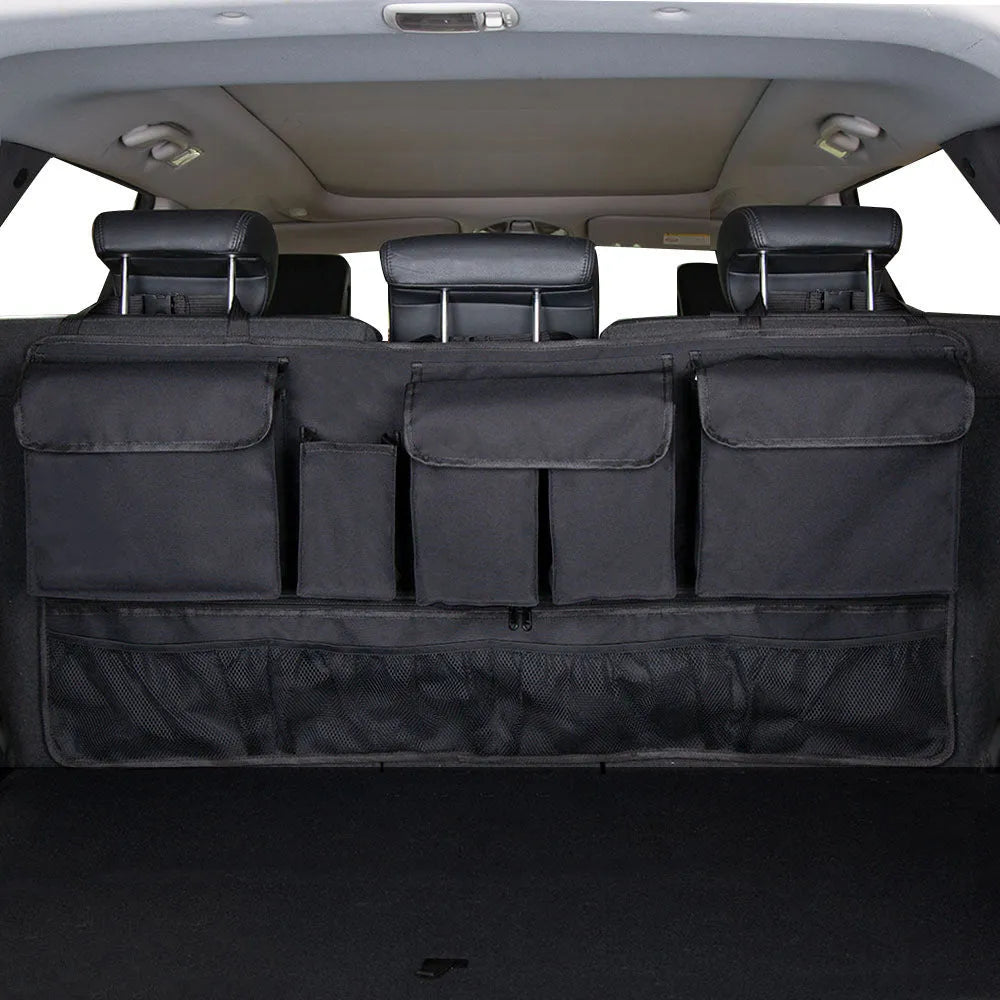 Black waterproof Oxford cloth car boot hanging storage bag with handle on seat back