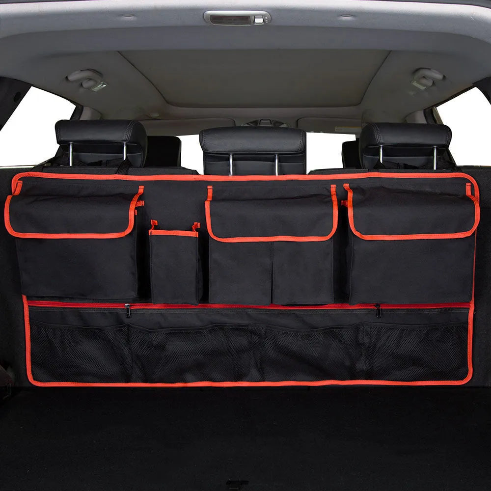Black waterproof Oxford cloth car boot hanging storage bag with handle on seat back
