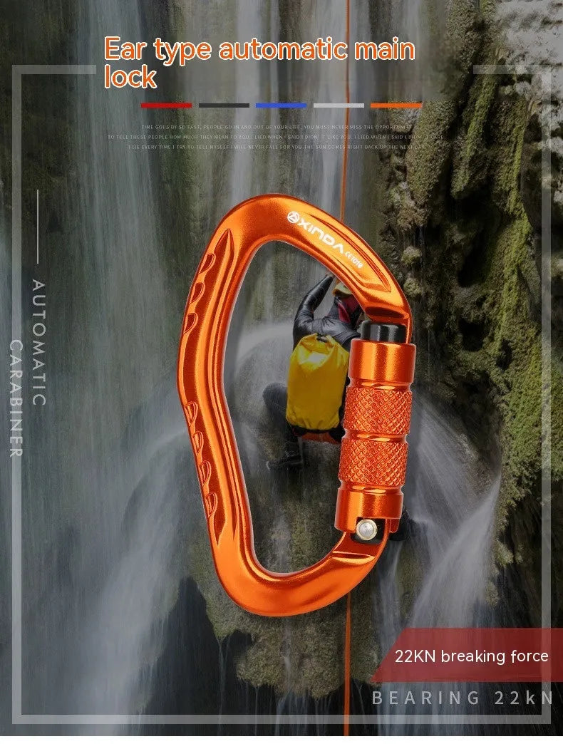 Automatic lock climbing carabiner in multiple colours: black, blue, orange, red, and silver