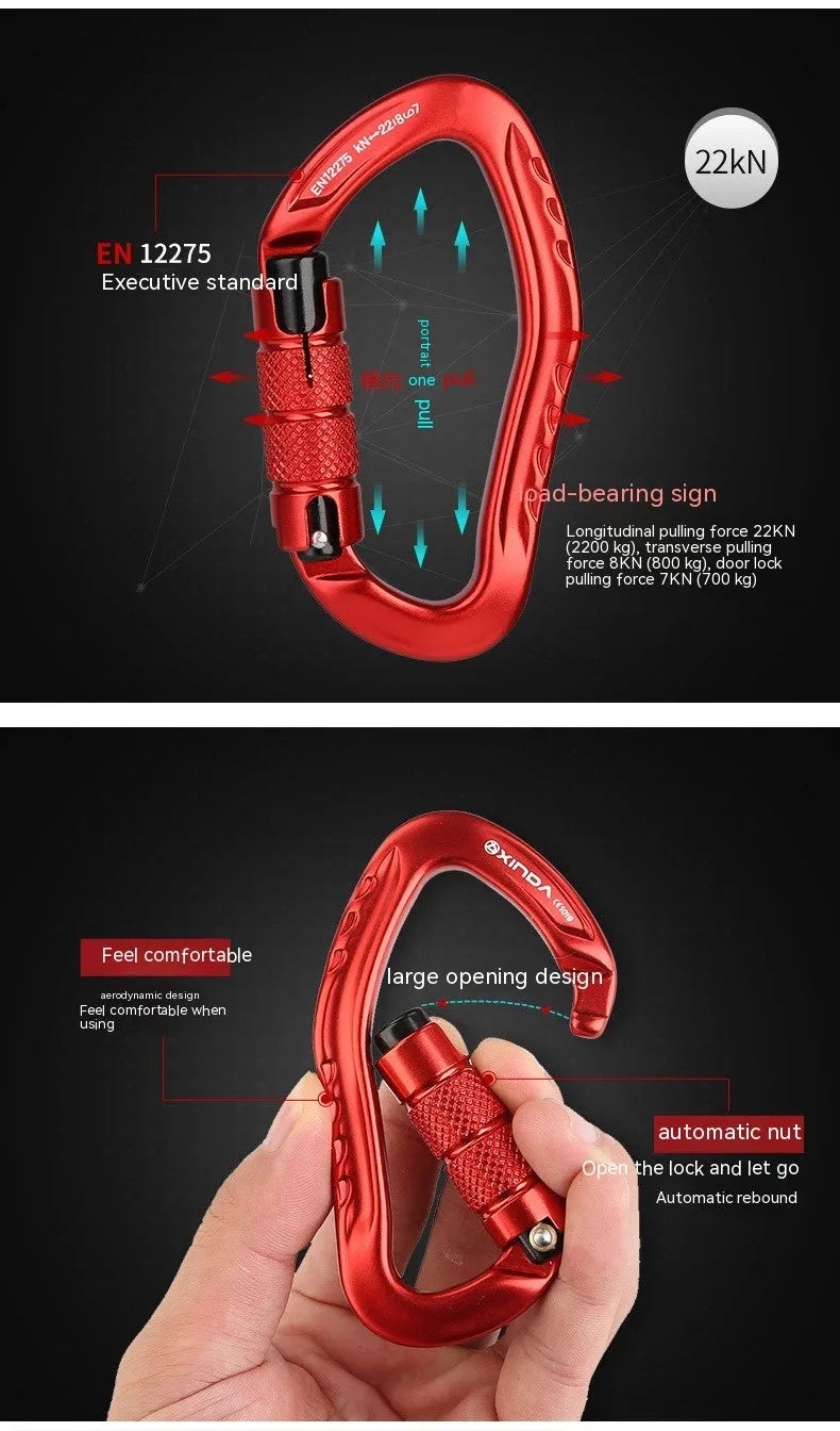 Automatic lock climbing carabiner in multiple colours: black, blue, orange, red, and silver