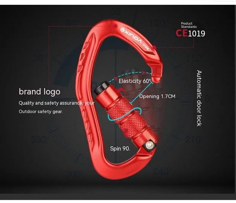 Automatic lock climbing carabiner in multiple colours: black, blue, orange, red, and silver