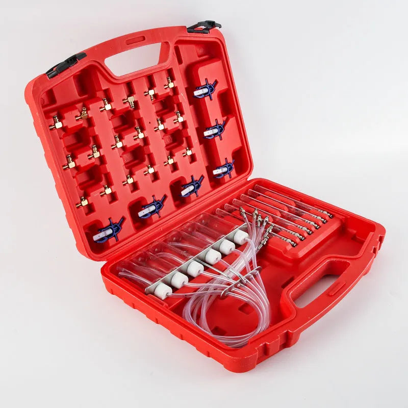 Brass and plastic fuel injection flow meter tool for testing engine injectors