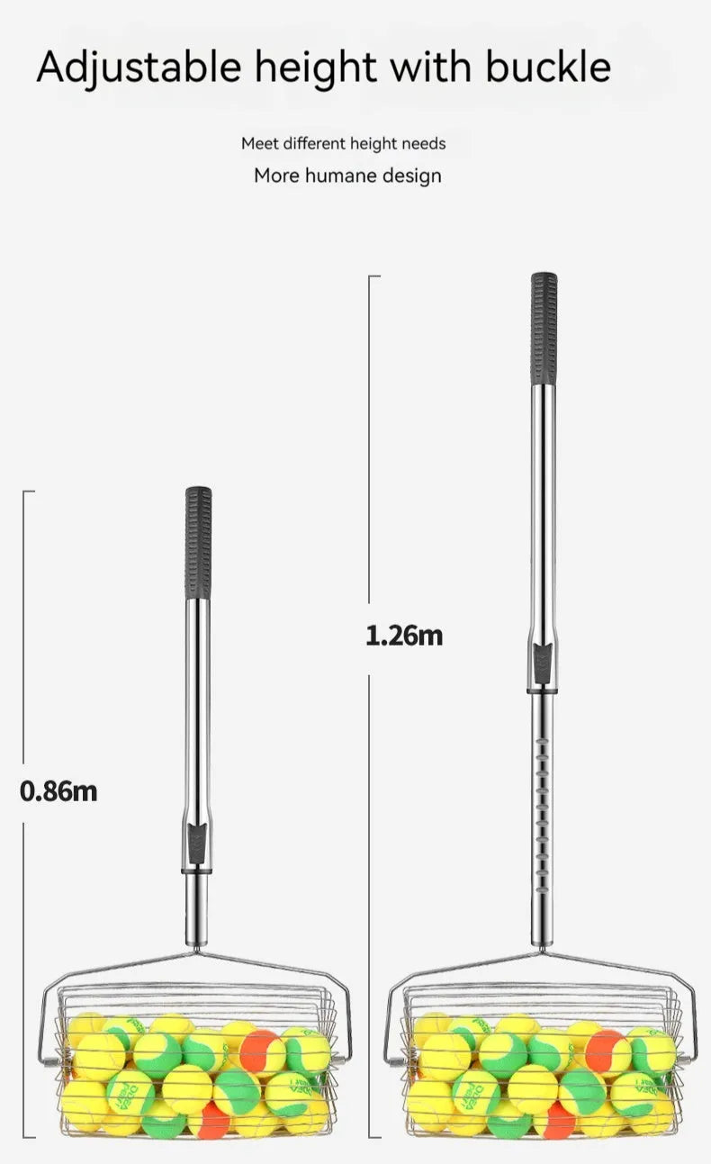 Stainless steel tennis ball roller picker with adjustable head on tennis court