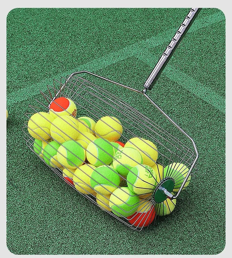 Stainless steel tennis ball roller picker with adjustable head on tennis court