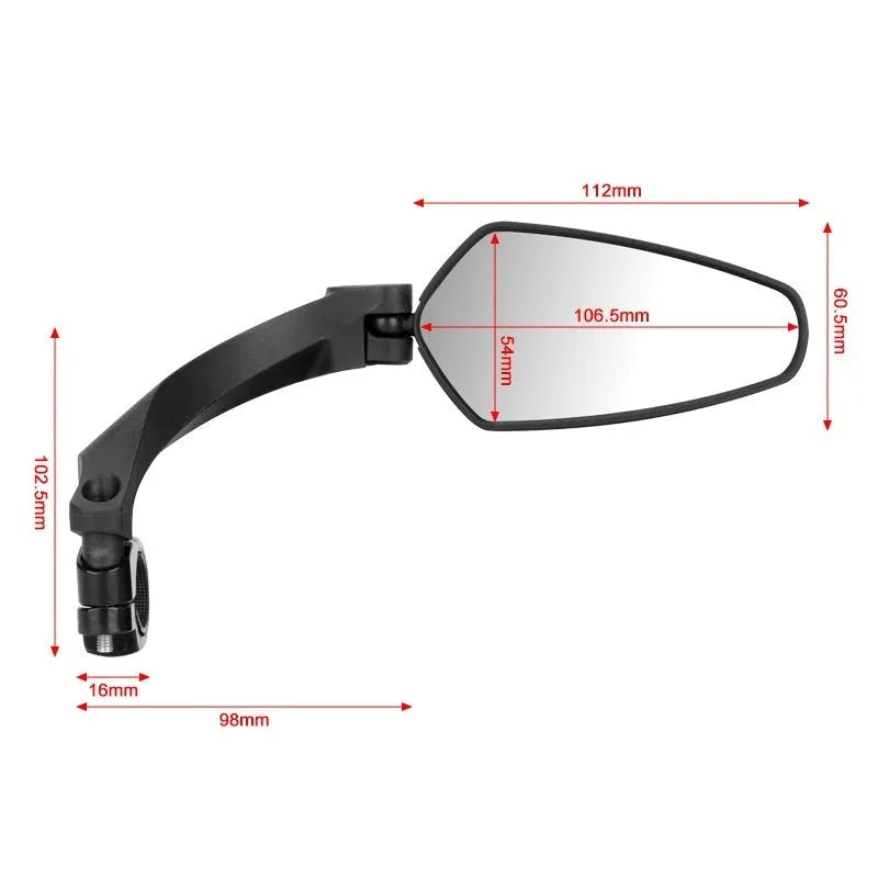 Black mountain bike rearview mirror made from PMMA acrylic measuring 210mm by 102.5mm