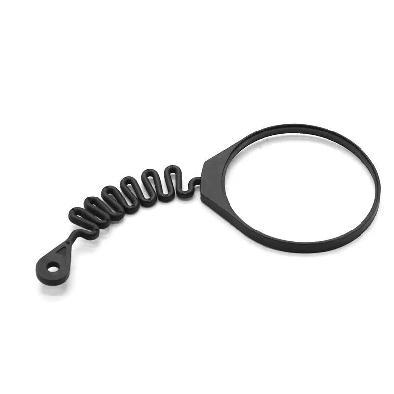 Black rubber Volvo fuel cap tether accessory showing circle band and separate rope designs