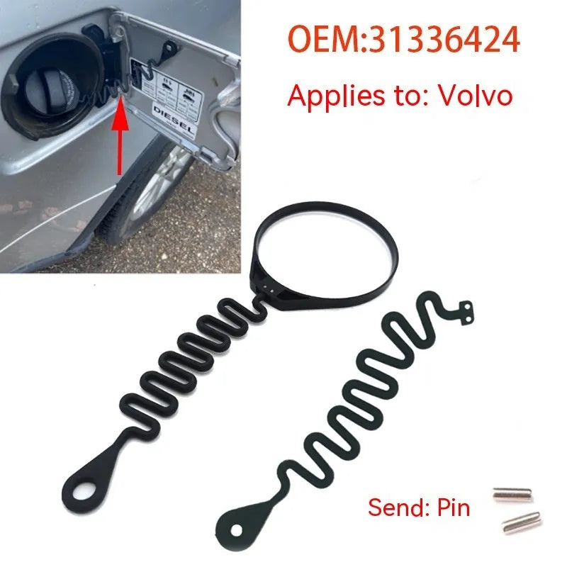 Black rubber Volvo fuel cap tether accessory showing circle band and separate rope designs