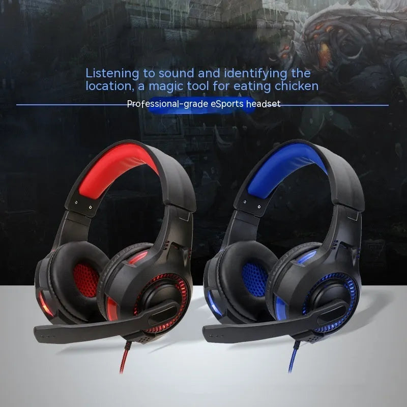 Light-emitting head-mounted gaming headset with black and red tanned leather earmuffs, braided cable, and 3.5mm plug for PS5 PS4 PC