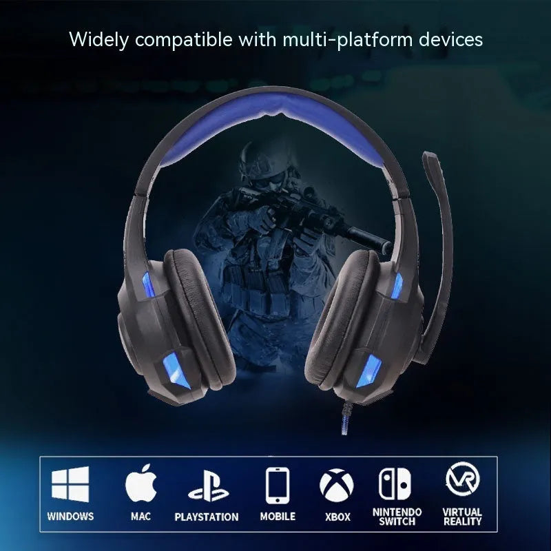 Light-emitting head-mounted gaming headset with black and red tanned leather earmuffs, braided cable, and 3.5mm plug for PS5 PS4 PC