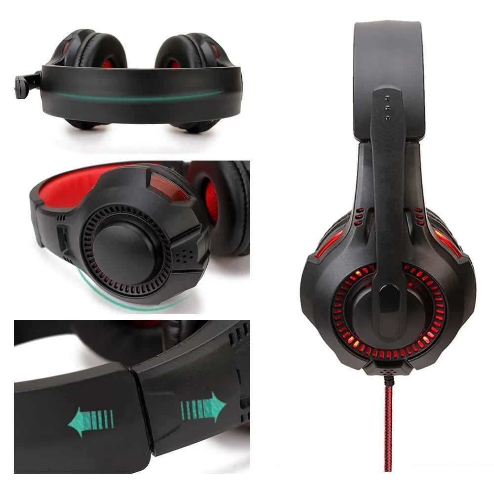 Light-emitting head-mounted gaming headset with black and red tanned leather earmuffs, braided cable, and 3.5mm plug for PS5 PS4 PC