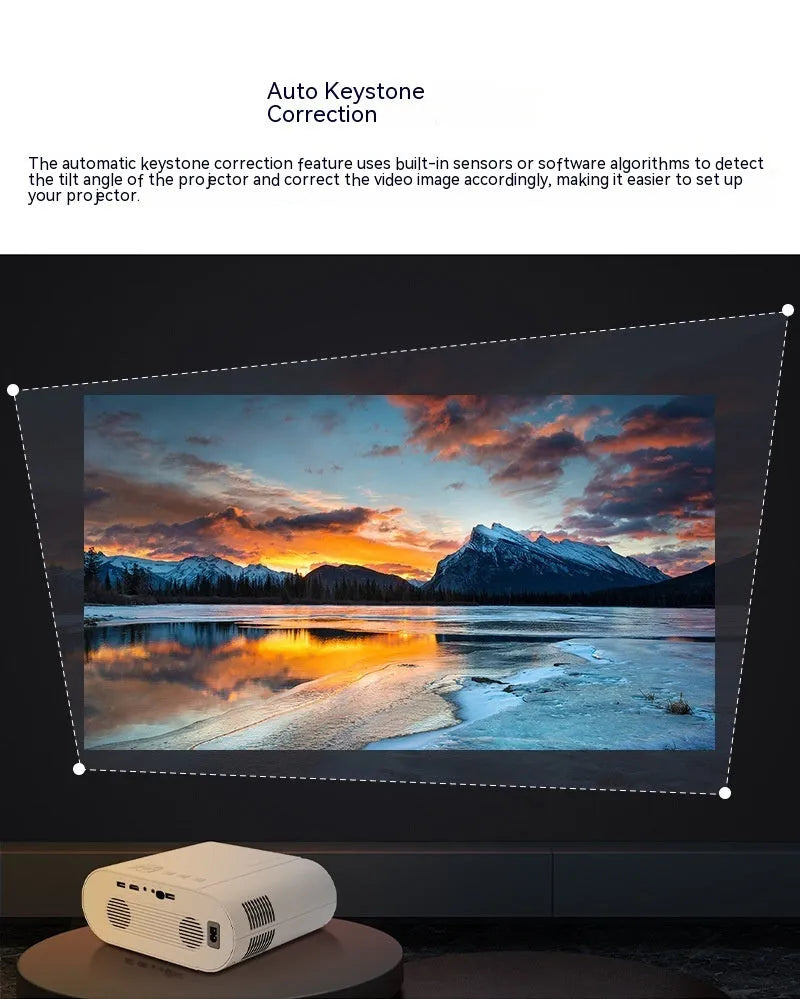 White T07 Full HD smart projector with remote control on a wooden surface.