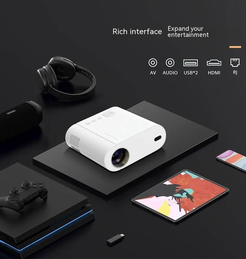 White T07 Full HD smart projector with remote control on a wooden surface.