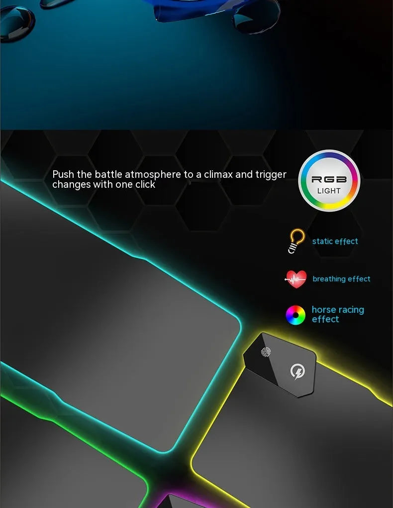 Large black gaming mouse pad with luminous edge lighting on a desk.