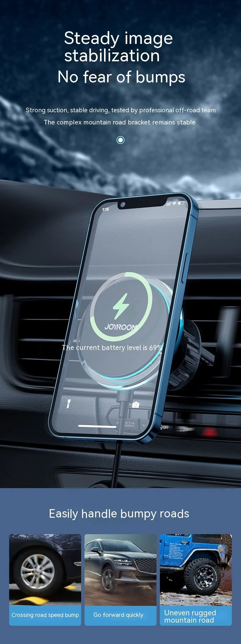 Black magnetic wireless charging car air vent phone stand showing 15W fast charging capability