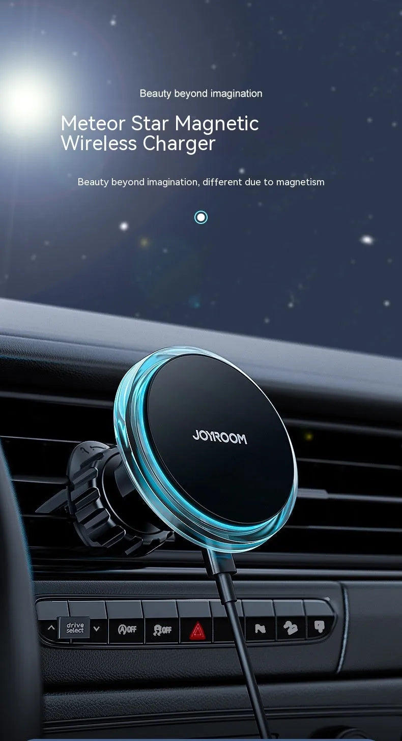 Black magnetic wireless charging car air vent phone stand showing 15W fast charging capability