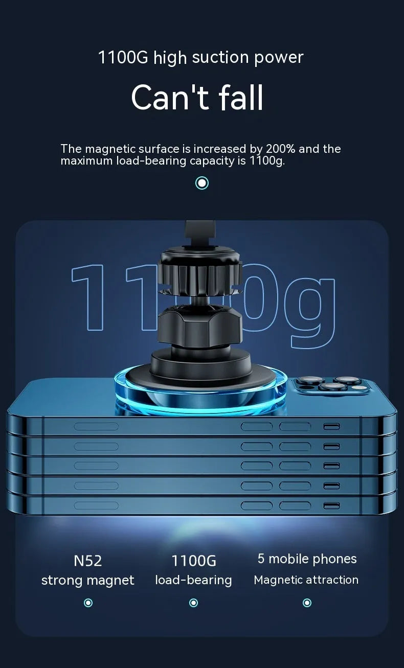 Black magnetic wireless charging car air vent phone stand showing 15W fast charging capability