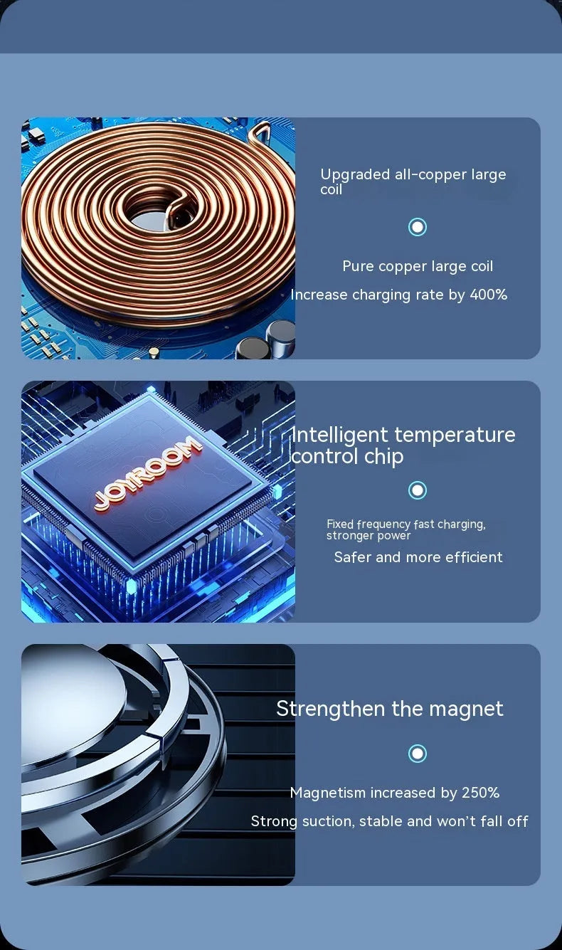 Black magnetic wireless charging car air vent phone stand showing 15W fast charging capability