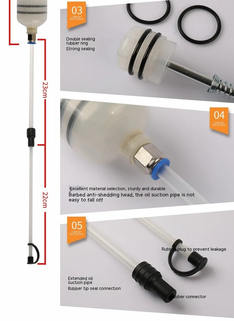 Manual oil pump syringe tool with suction and injection ports for fluid transfer