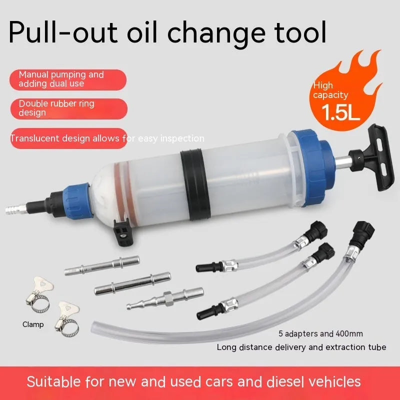 Manual oil pump syringe tool with suction and injection ports for fluid transfer