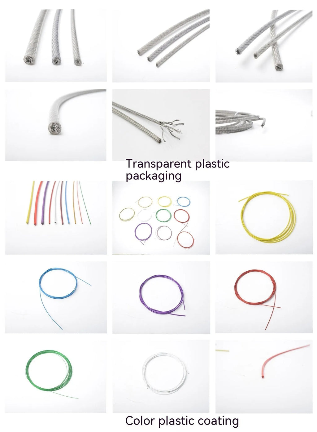 Coiled 304 stainless steel security wire rope with multiple diameter options on a white background.