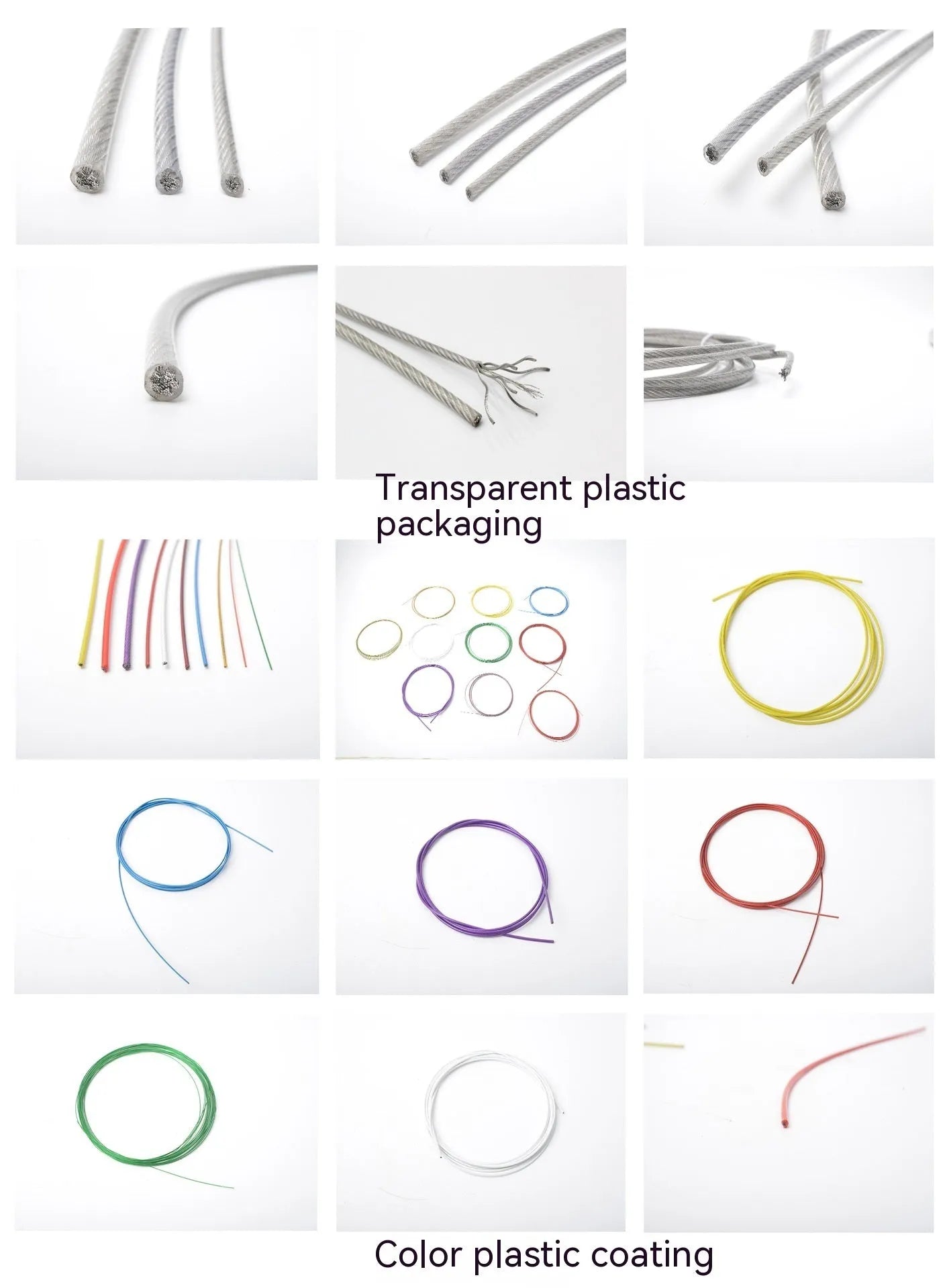 Coiled 304 stainless steel security wire rope with multiple diameter options on a white background.