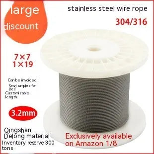 Coiled 304 stainless steel security wire rope with multiple diameter options on a white background.