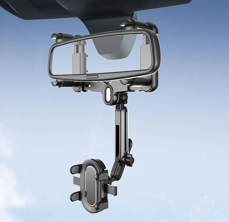 Car rear view mirror mobile phone holder bracket with retractable arm and snap-on clamp installation