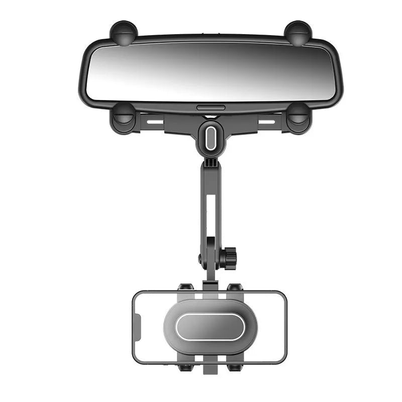 Car rear view mirror mobile phone holder bracket with retractable arm and snap-on clamp installation