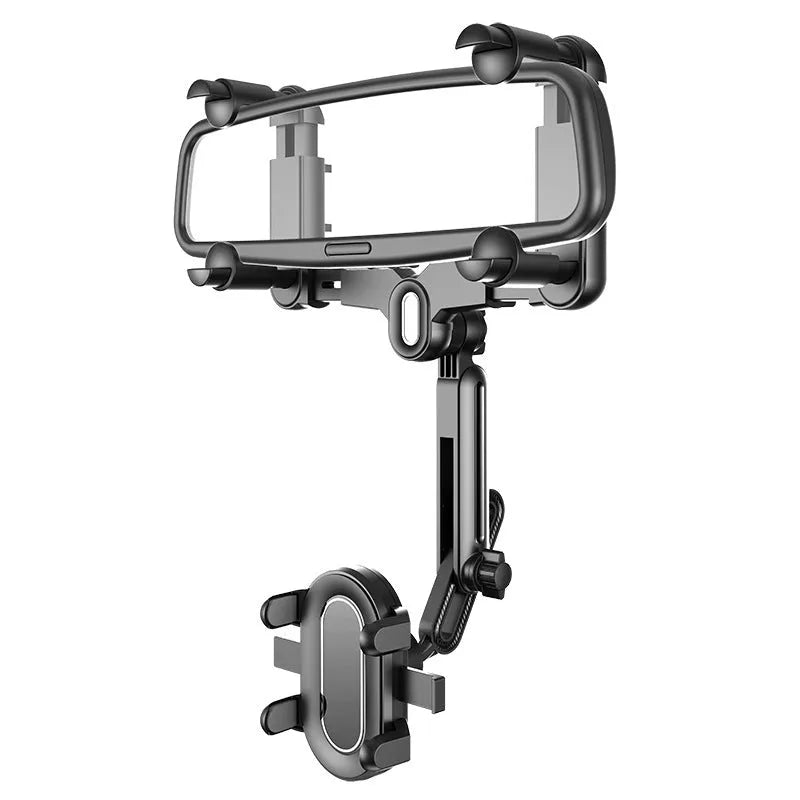 Car rear view mirror mobile phone holder bracket with retractable arm and snap-on clamp installation