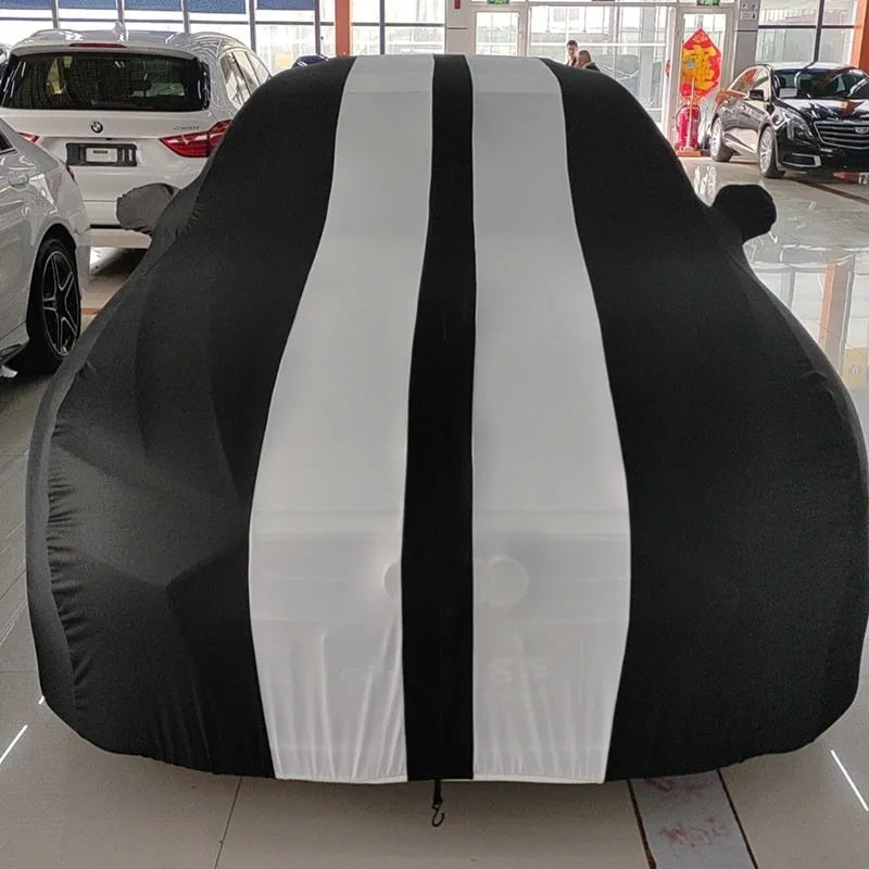 Elastic fabric car cover fitted on Ford Mustang available in six colour options