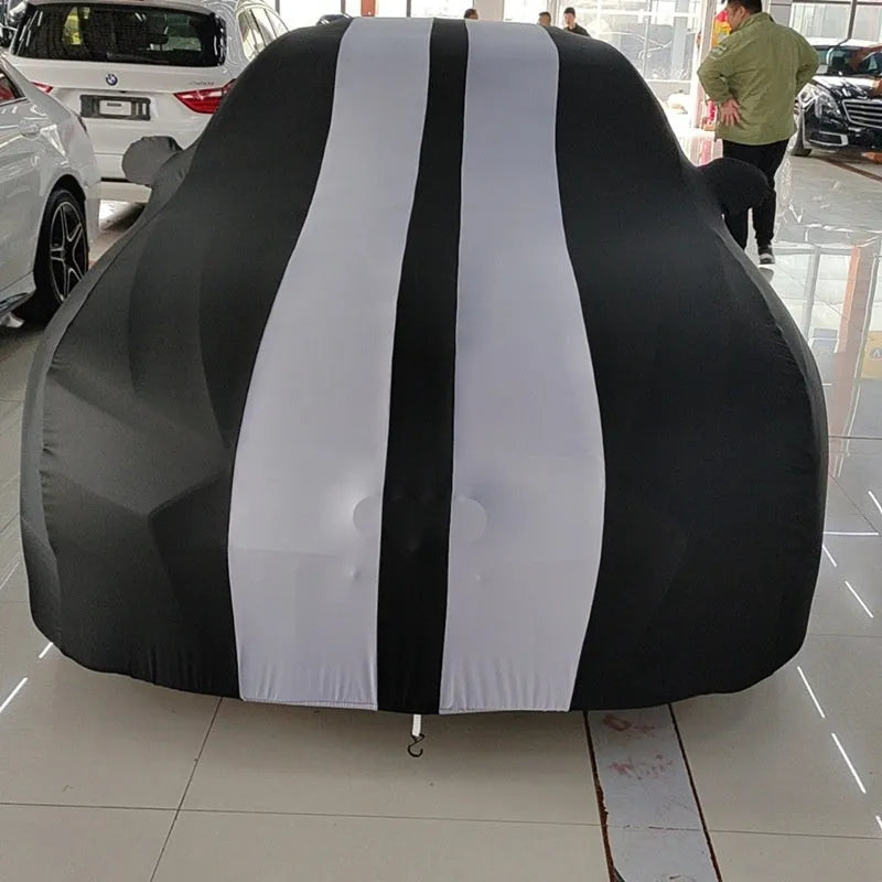 Elastic fabric car cover fitted on Ford Mustang available in six colour options