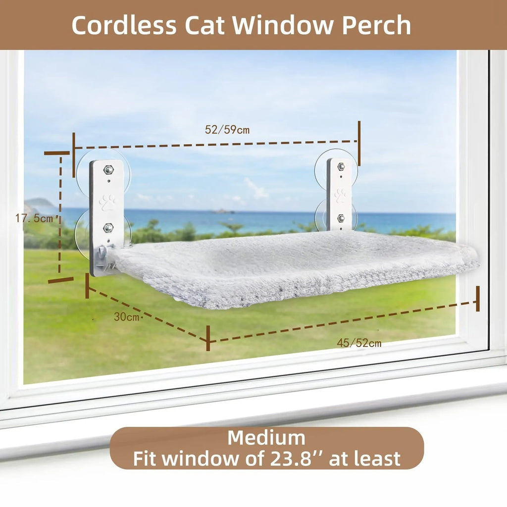 Cordless cat window perch on glass with stainless steel frame and gray plush fabric hammock