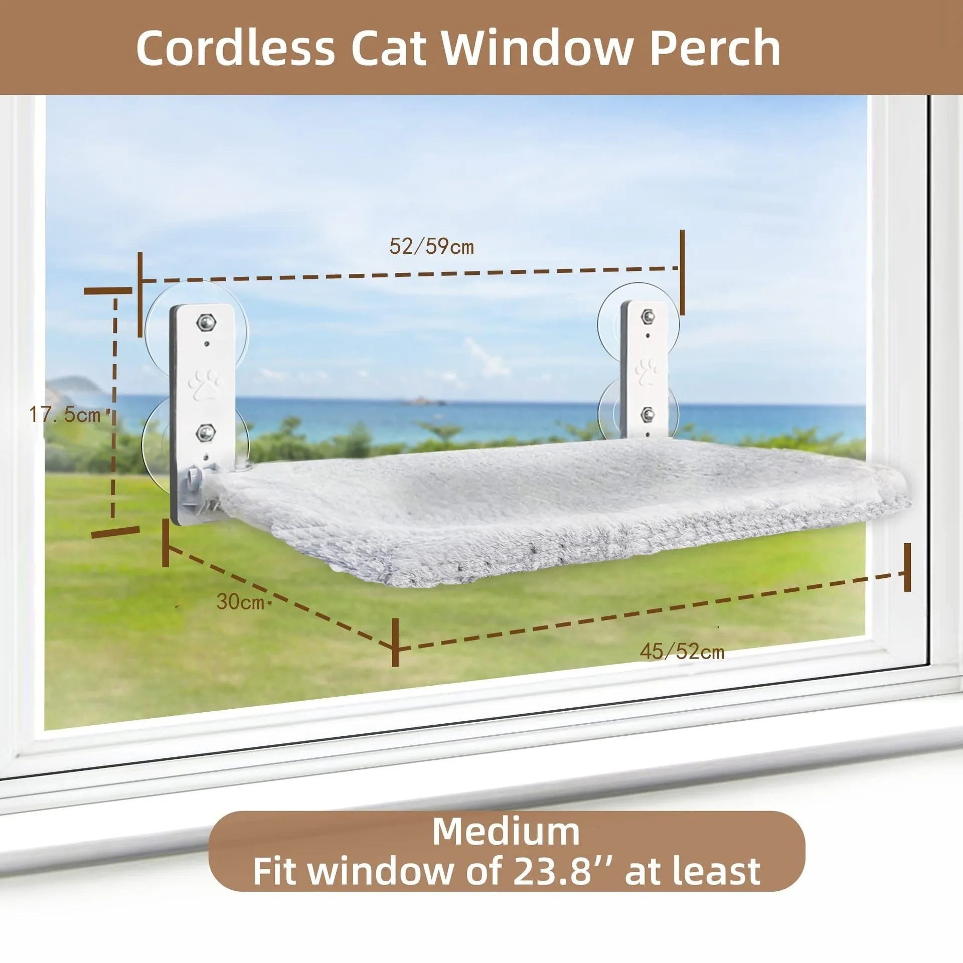 Cordless cat window perch on glass with stainless steel frame and gray plush fabric hammock