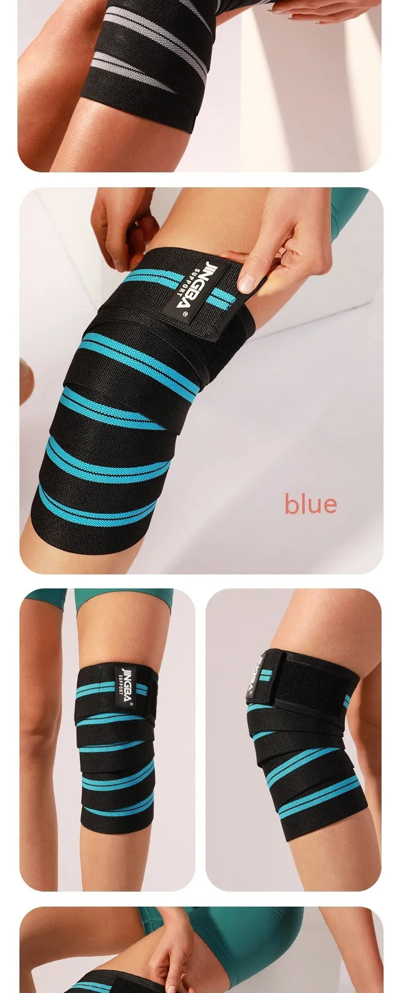 Adult adjustable sports knee pads in blue, grey, red, and yellow colours for multi-sport use.