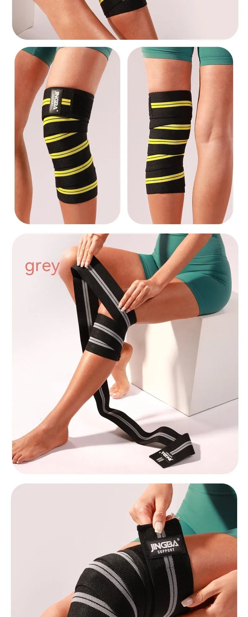 Adult adjustable sports knee pads in blue, grey, red, and yellow colours for multi-sport use.