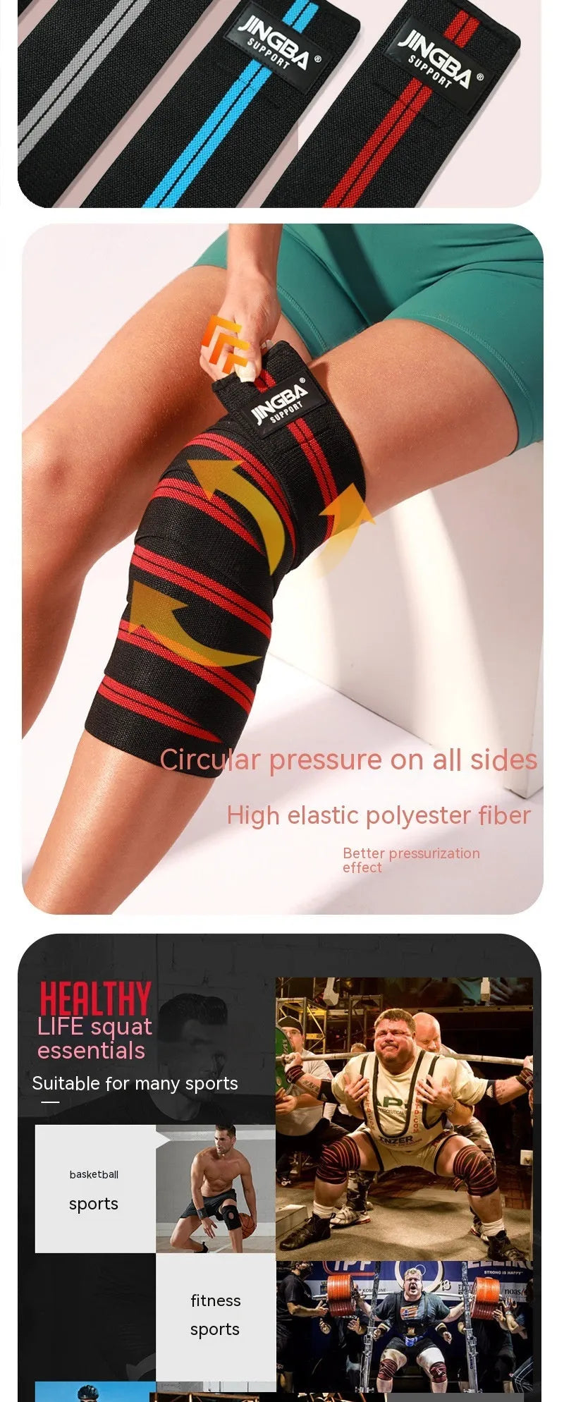 Adult adjustable sports knee pads in blue, grey, red, and yellow colours for multi-sport use.