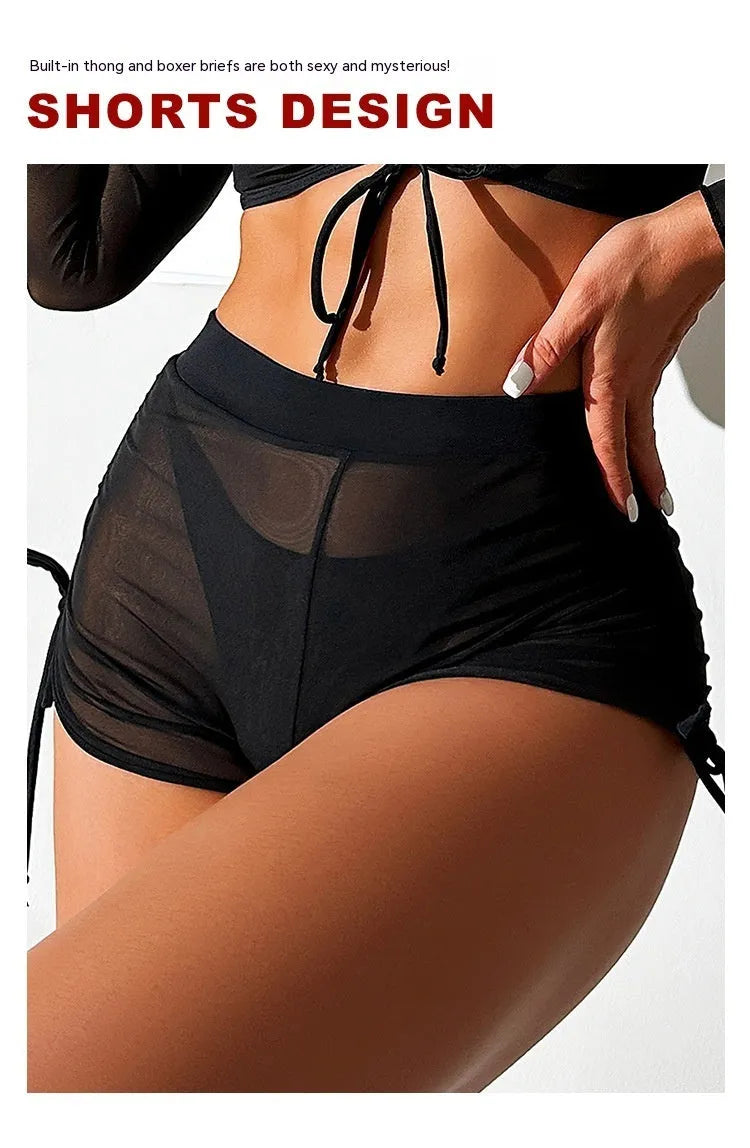 Women's black mesh four-piece bikini swimsuit with long sleeves