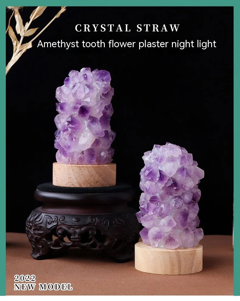 Natural amethyst crystal night light with USB plug showing both warm and cold light settings