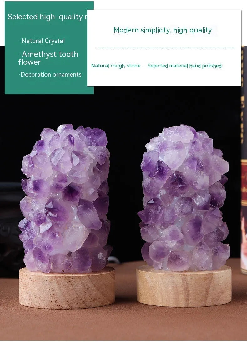 Natural amethyst crystal night light with USB plug showing both warm and cold light settings